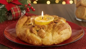 Pan navideño con una vela de mantequilla en el centro