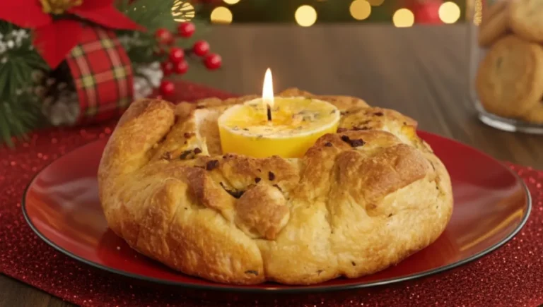 Pan navideño con una vela de mantequilla en el centro
