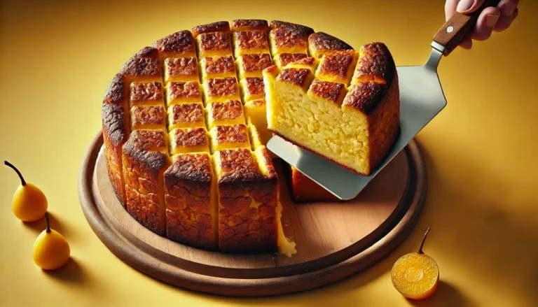 Torta de almojábana con queso, partida en porciones